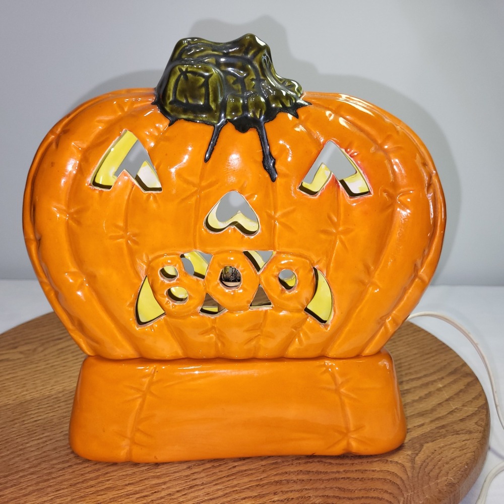 Handpainted Vtg Ceramic Jack-O-Lantern Light Orange Boo Pumpkin Halloween Decor